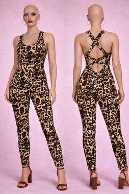 SHEIN CURVE Plus Leopard Print Crisscross Back Bodycon Jumpsuit